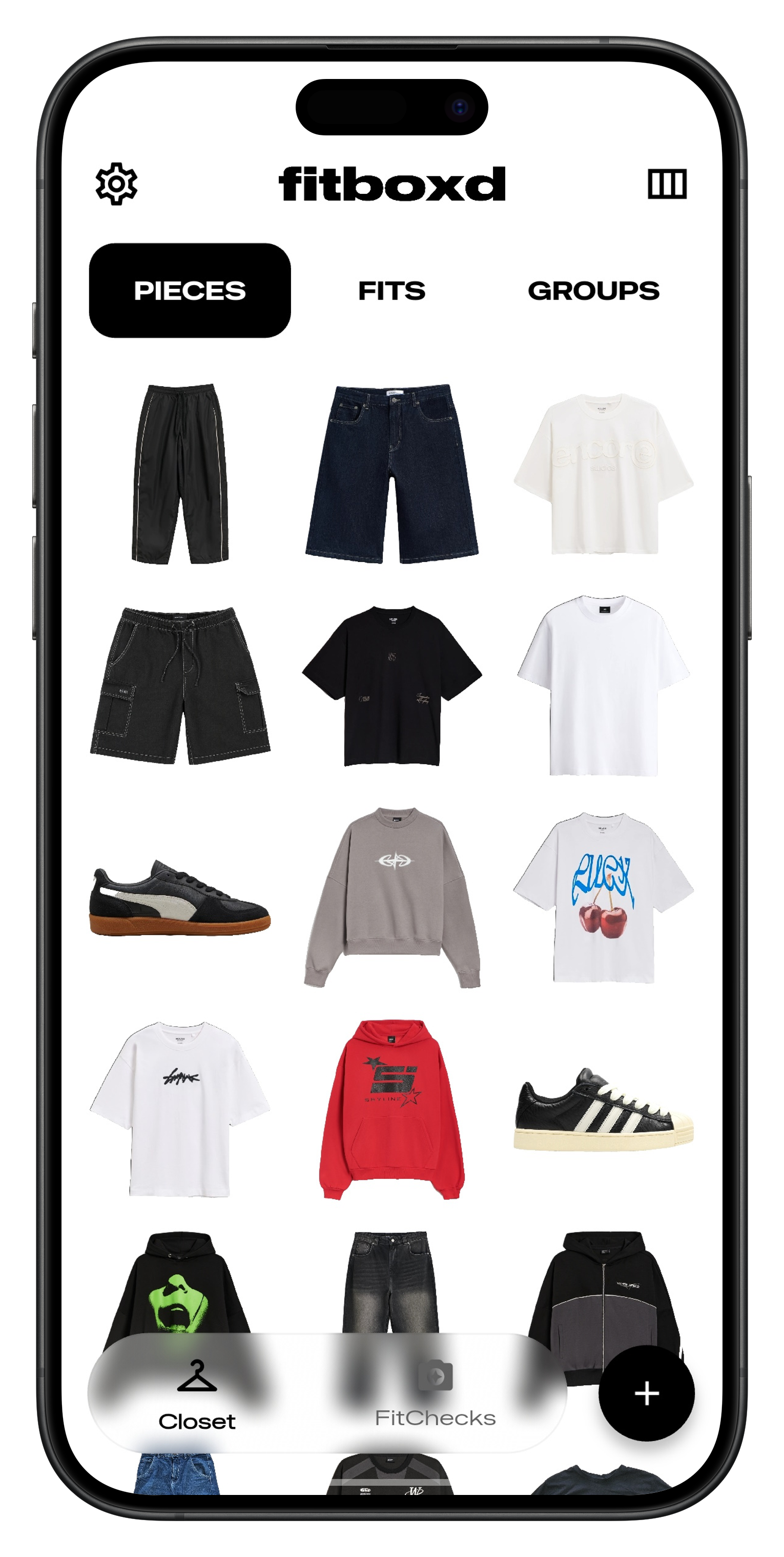 fitboxd closet screen showing a production wardrobe grid